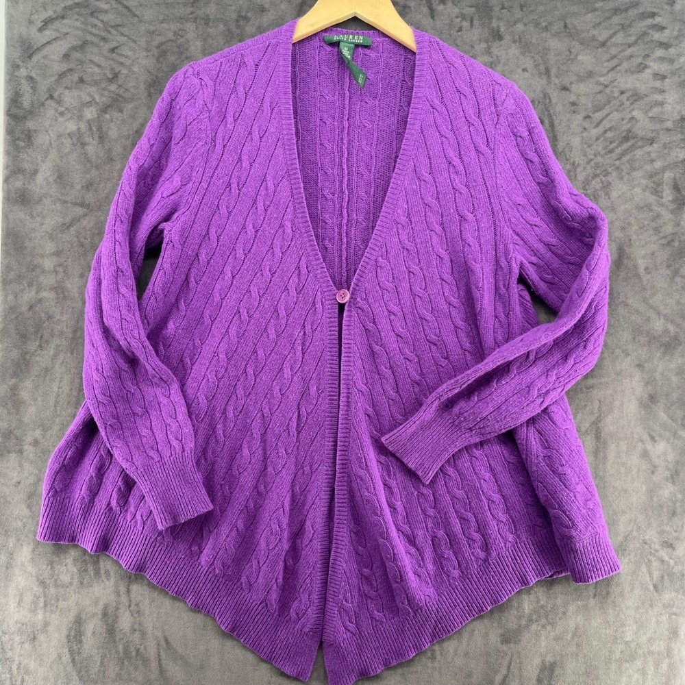 Lauren Ralph Lauren Purple Cable Knit Handkerchief Hem Cardigan Sweater Medium